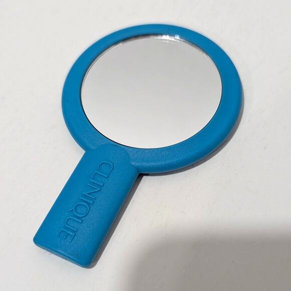 Vtg Clinique Mini Handheld Double Sided Purse Mirror Blue Purse 4.5" - Picture 1 of 7
